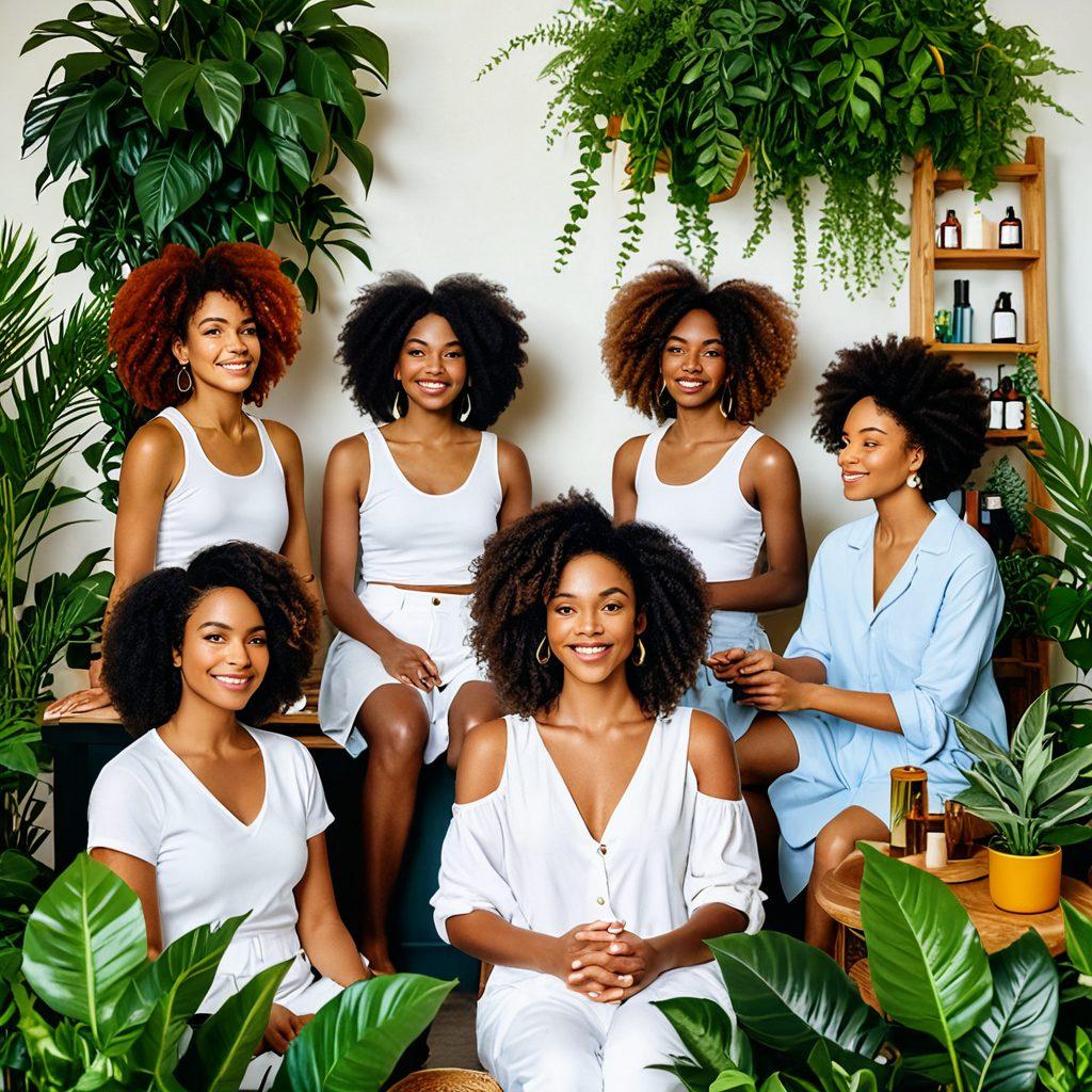 A vibrant and inviting scene showcasing diverse individuals indulging in various self-care routines, surrounded by lush greenery and colorful plants. Each person has a unique hair texture and style, reflecting their individuality and embracing their hairy lifestyles. Soft, warm lighting adds a cozy ambiance, with beauty products and wellness tools artistically displayed around them. The composition should evoke a sense of relaxation and empowerment. super-realistic. vibrant colors. white background.