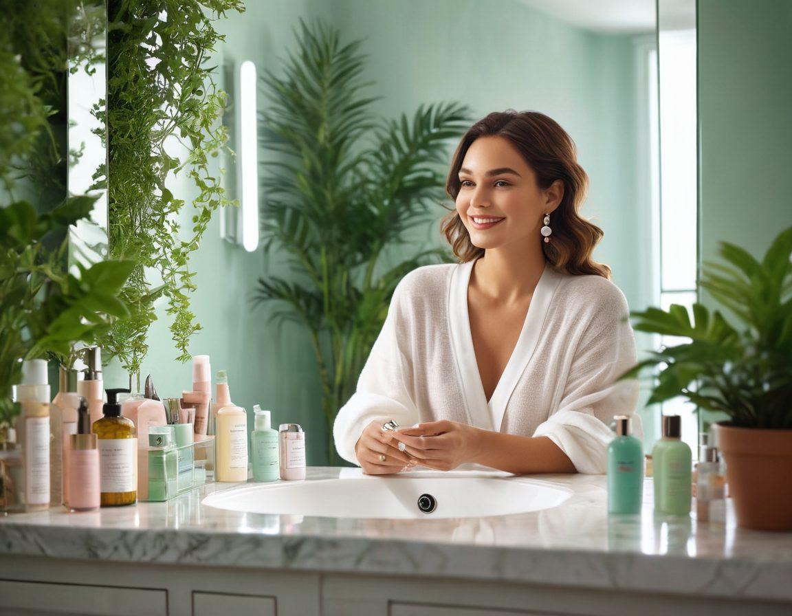 A stylish woman with glowing skin applying natural grooming products in a chic bathroom filled with trendy beauty items. Surrounding her are soft pastel colors, mirrors reflecting her serene smile, and lush greenery to emphasize natural beauty. Incorporate hints of popular grooming tools and cosmetics artfully arranged. super-realistic. vibrant colors. bright, airy atmosphere.